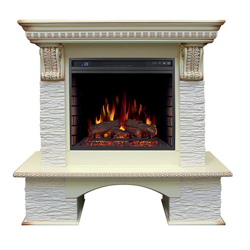 Электрокамин с широким очагом 2D Royal Flame Pierre Luxe сланец мелкий белый с очагом Vision 23 EF LED FX (Cлоновая кость с красной патиной)